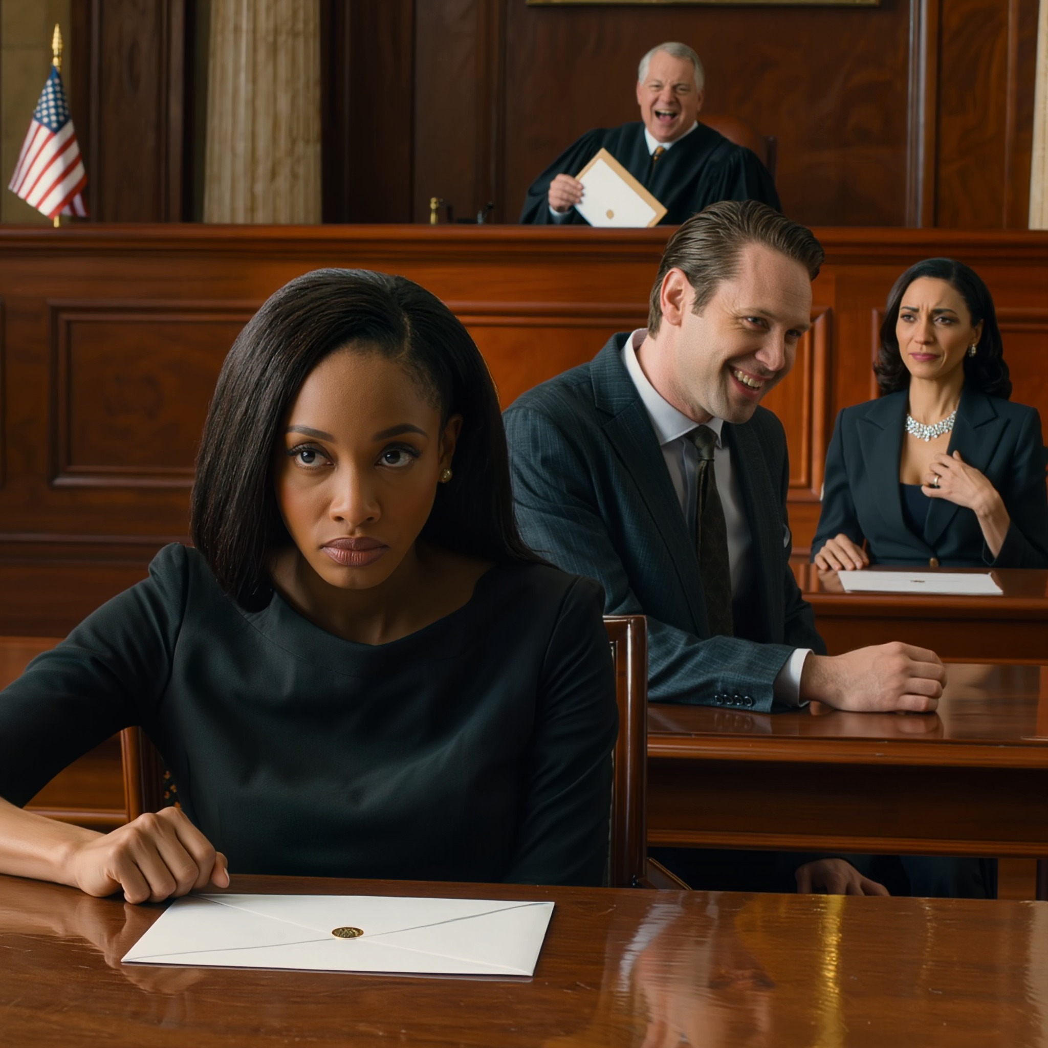 Midt i skilsmissehøringen bøjede min mand sig ned og hviskede: “Fra nu af må du ikke engang drømme om at røre en eneste cent af mine penge,” hans elskerinde strøg diamanten hen over sin hals og gav mig det medlidende lille smil, min svigermor sad der, som om hun ventede på at se mig blive renset ud af deres liv, indtil dommeren åbnede min kuvert, læste et par linjer og lo højt: “Det her er det bedste, jeg har læst i 20 år,” og det var dér, deres ansigter endelig begyndte at forandre sig.