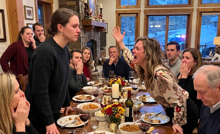 Ved Thanksgiving-middagen råbte min søster ad mig: “Hvorfor ødelægger du æstetikken i min skihytte til 3,5 millioner dollars?” Jeg smilede og sagde: “Du ejer ikke dette hus. Du er bare en ubuden gæst.” I det øjeblik blev lyset tændt – Så ankom politiet.