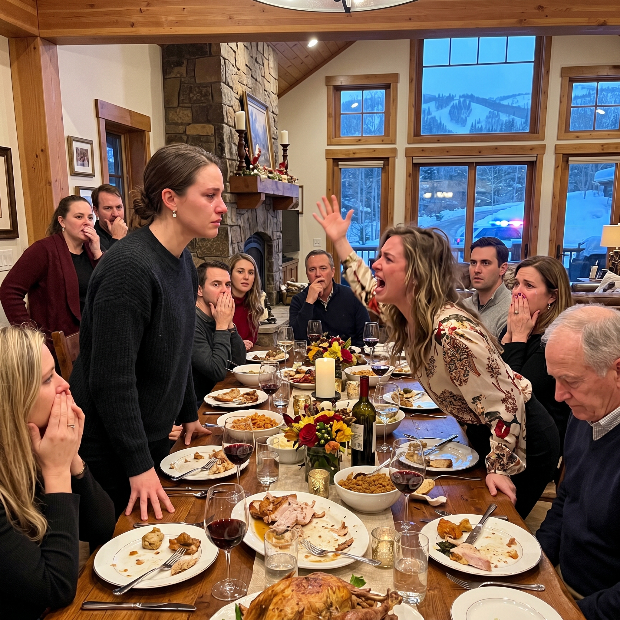 Ved Thanksgiving-middagen råbte min søster ad mig: “Hvorfor ødelægger du æstetikken i min skihytte til 3,5 millioner dollars?” Jeg smilede og sagde: “Du ejer ikke dette hus. Du er bare en ubuden gæst.” I det øjeblik blev lyset tændt – Så ankom politiet.