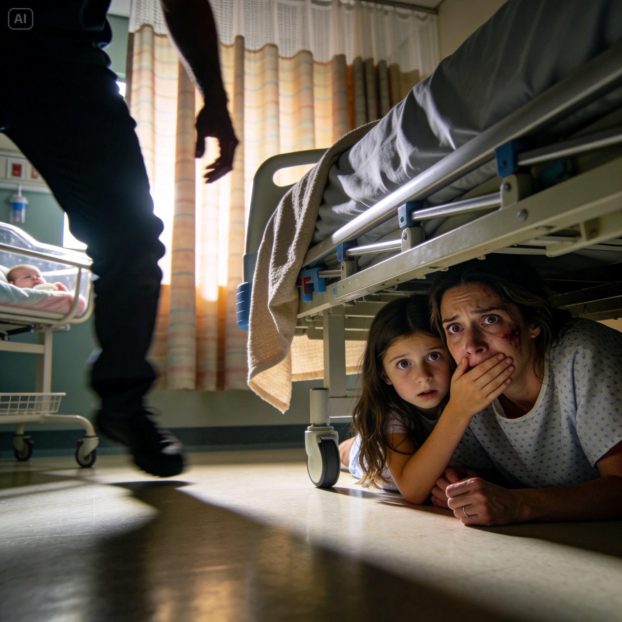 Jeg havde lige født, da min 8-årige datter kom for at besøge mig. Uden et ord lukkede hun stille gardinet og lænede sig tættere på. “Mor, kom ind under sengen. Nu,” hviskede hun. Mit hjerte begyndte at hamre, men jeg fulgte efter hende, og vi kravlede ind under sammen og holdt vejret i stilhed. Så begyndte fodtrin at nærme sig – og lige før de nåede os, dækkede hun blidt min mund.