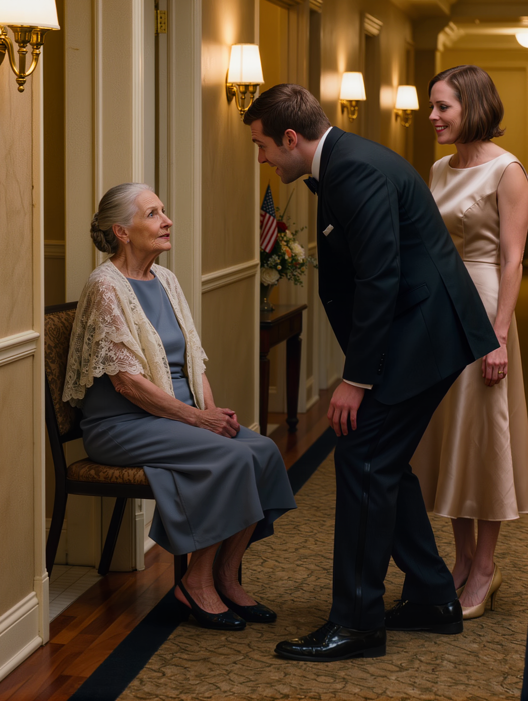 Ved mit barnebarn Ethans bryllup smilede Clare, førte mig forbi familiebordene og satte mig på en enkelt stol i gangen, mens hun sagde til mig: “Vær taknemmelig for, at du er her.” Mindre end en time senere fandt Ethan mig der, kiggede på mit ansigt, og gløden i det perfekte rum syntes at skifte helt på én gang.
