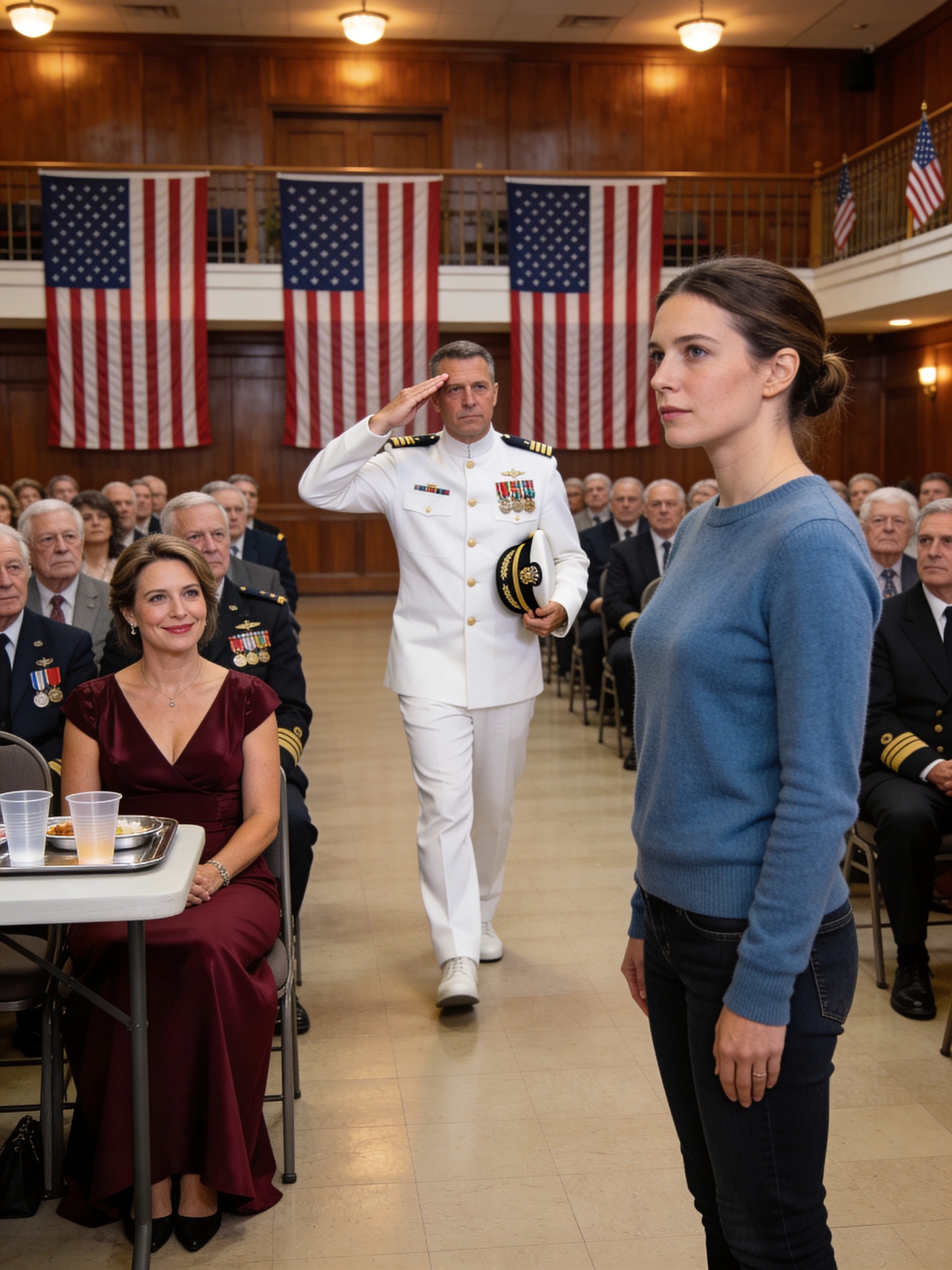Jeg kom hjem for at sidde stille på bagerste række ved min fars veteranceremoni, mens min stedmor smilede: “Hun har allerede forladt flåden” – så kom en mand i hvidt tøj ind i den fyldte sal, ignorerede scenen og begyndte at gå direkte hen imod mig.