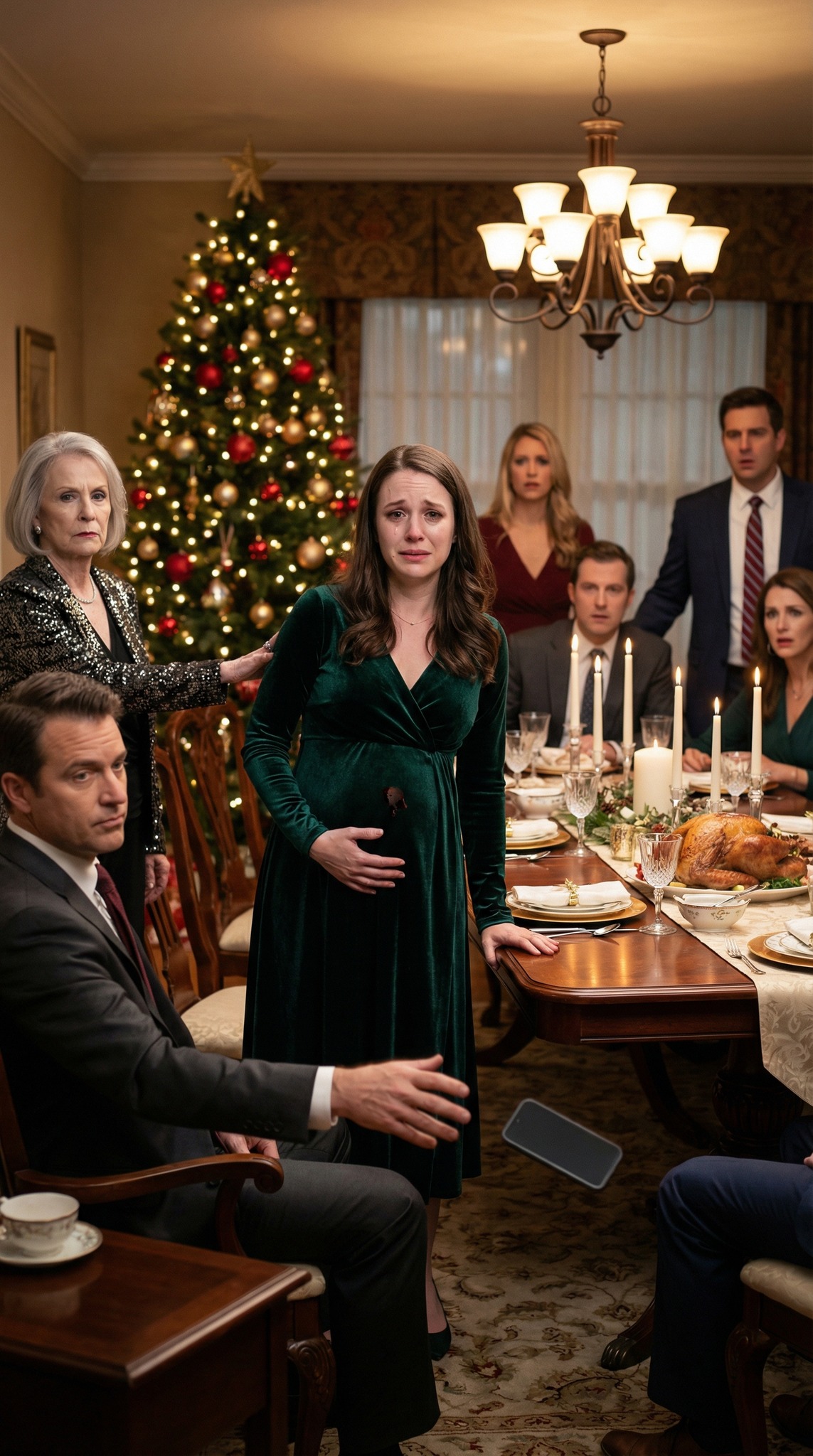 Jeg fortalte aldrig mine svigerforældre, at min far er højesteretsdommer. Jeg brugte hele dagen på at lave julemiddag til familien, kun for at min svigermor skulle tvinge mig til at spise, mens jeg stod i køkkenet. Hun fnøs: “Tjenestefolk sidder ikke sammen med familien.” Da jeg prøvede at sætte mig ned, skubbede hun mig så hårdt, at jeg begyndte at abortere. Jeg rakte ud efter min telefon for at ringe til politiet – min mand smed den væk og truede: “Jeg er advokat. Du vinder ikke.” Jeg mødte hans blik og sagde roligt: ​​”Ring til min far.” Han lo, mens han ringede, uvidende om, at hans juridiske karriere var ved at slutte.