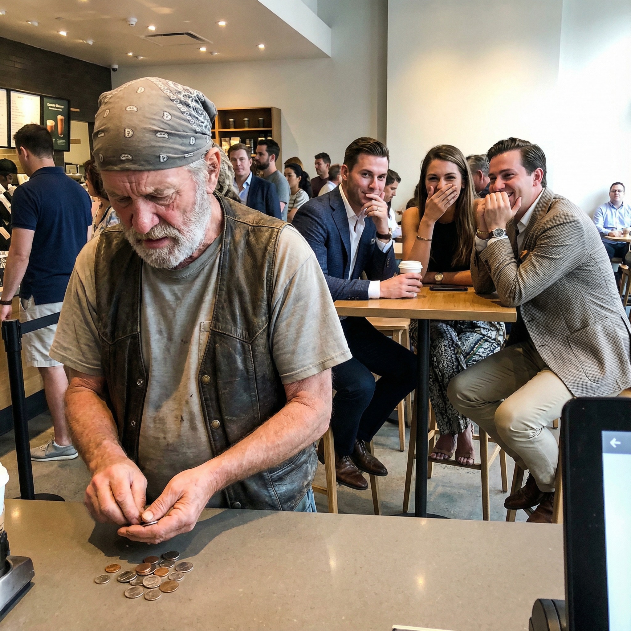 Jeg så velhavende kunder håne en gammel biker, der tællede mønter til kaffe – indtil ejeren trådte frem og afslørede, hvem bikeren virkelig var
