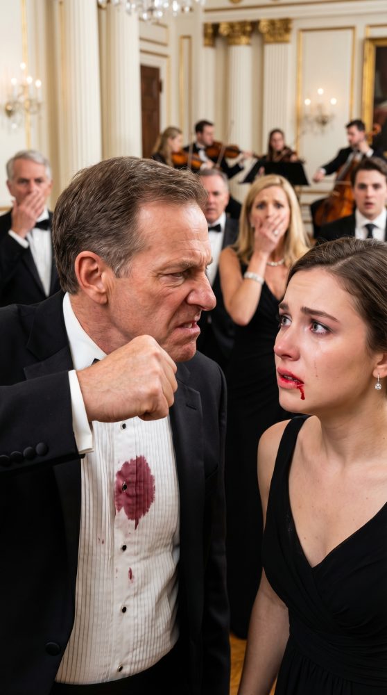 Jeg spildte kun et glas vin. Det var det. Det ene øjeblik undskyldte jeg til min svigerfars fødselsdagsfest – så hamrede hans knytnæve i mit ansigt foran halvtreds gæster. Jeg kiggede på min mand, desperat efter at han skulle forsvare mig, men han sagde bare: “Undskyld til min far, eller gå.” Så tørrede jeg blodet af munden … og gik ud. Jeg anede ikke, at det var det øjeblik, deres imperium begyndte at falde.