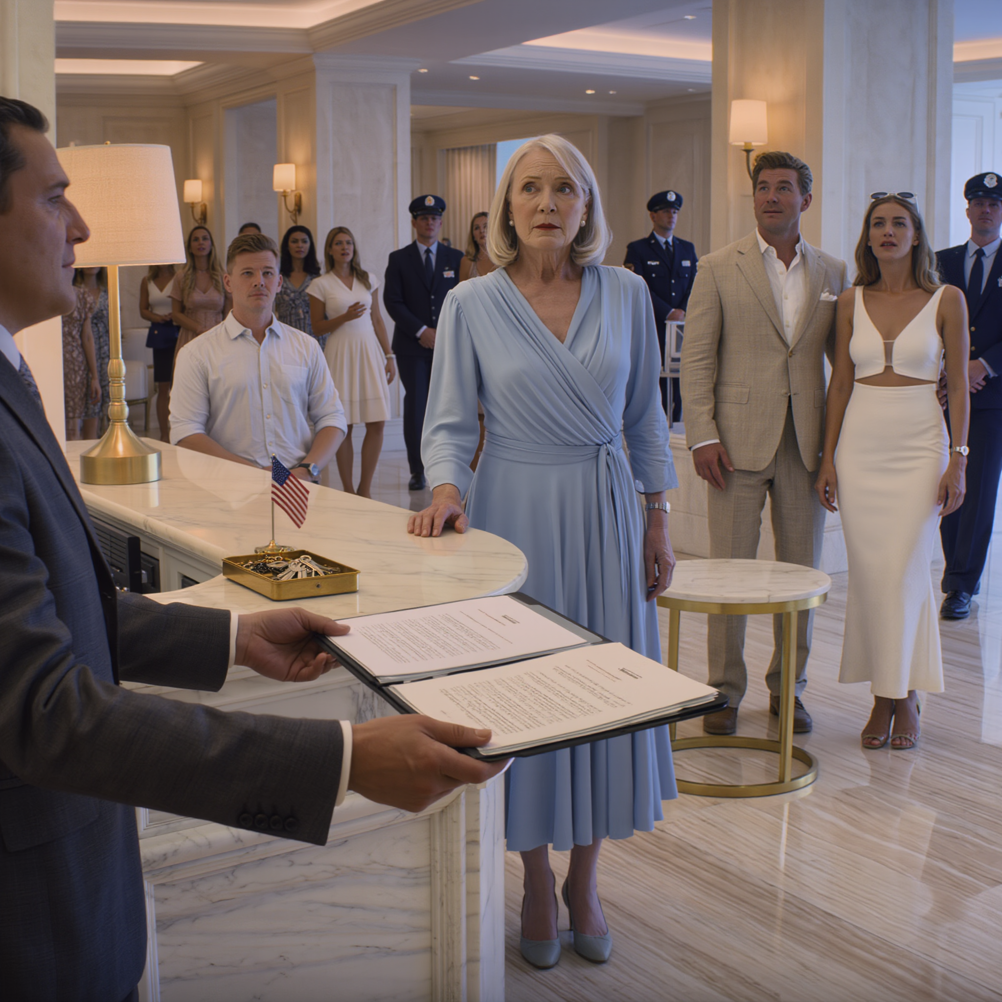 Under en familieferie på et strandhotel råbte min svigerdatter til receptionisten: “Tal ikke til den gamle dame, hun er bare en stuepige”, mens min søn lo ved siden af ​​ham, uden at indse, at jeg var den stille ejer af hele hotellet. Min næste handling chokerede ham … den lurvede pige var lige så lamslået.