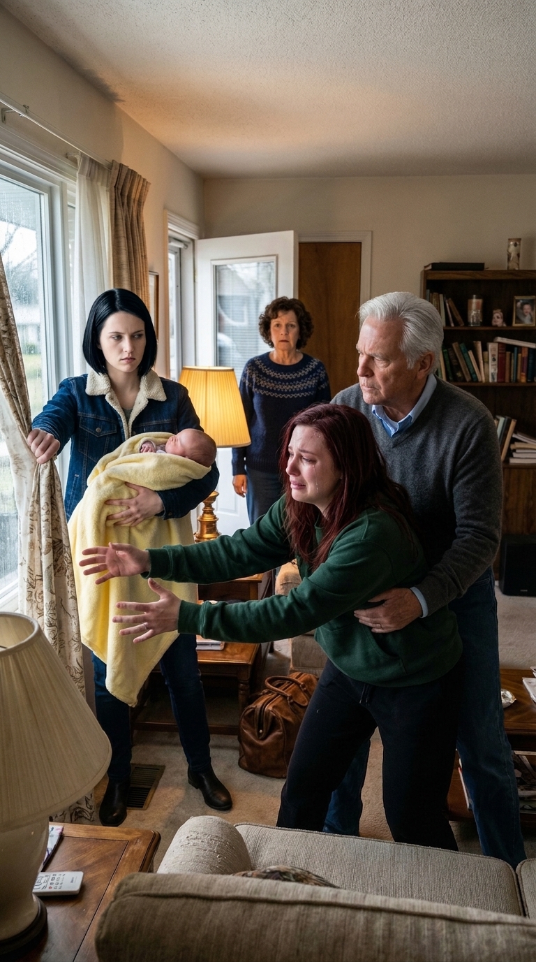 Jeg gik ind i mine forældres hus med min nyfødte i mine arme, da min søster hev hende væk. Mine forældre blinkede ikke. “Overdrag huset og bilen til din søster. Nu.” Jeg lo svagt. “Vær sød … jeg har lige født.” Min søster lænede sig tættere på mig med skarp stemme. “Gjerning først – ellers ryger babyen ud af vinduet.” Jeg sprang frem. Min far holdt mine arme bag min ryg. Og så krydsede min søster en grænse, som ingen nogensinde kunne slette. I det øjeblik …