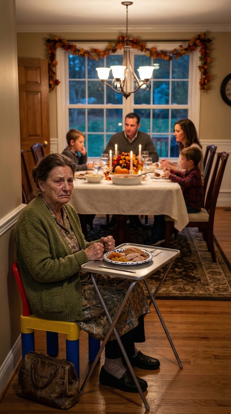 Jeg bragte tærten, smilede til mine børnebørn og gik ind i Thanksgiving, som om jeg stadig hørte til der. Så pegede min søn på en lille børnestol i hjørnet og sagde: “Mor, det her er bedre for alle.” Jeg sagde ingenting.
