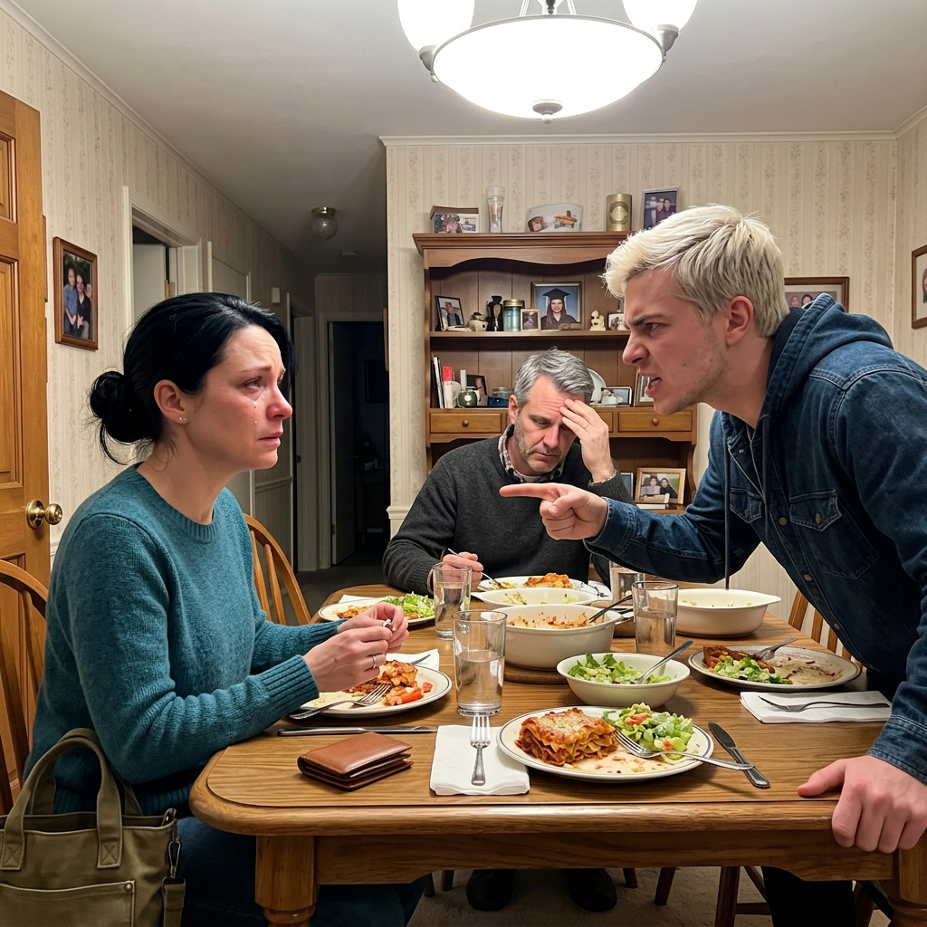 “Ved aftensmaden kiggede min stedsøn direkte på mig og sagde: ‘Du er en taber. Men det er min mor ikke.’ Min mand sagde ingenting. Jeg sagde ingenting. Jeg sad bare der og tog imod. En uge senere havde han intet job, ingen bil og ingen steder at bo. Den aften ringede min mand til mig i panik.”