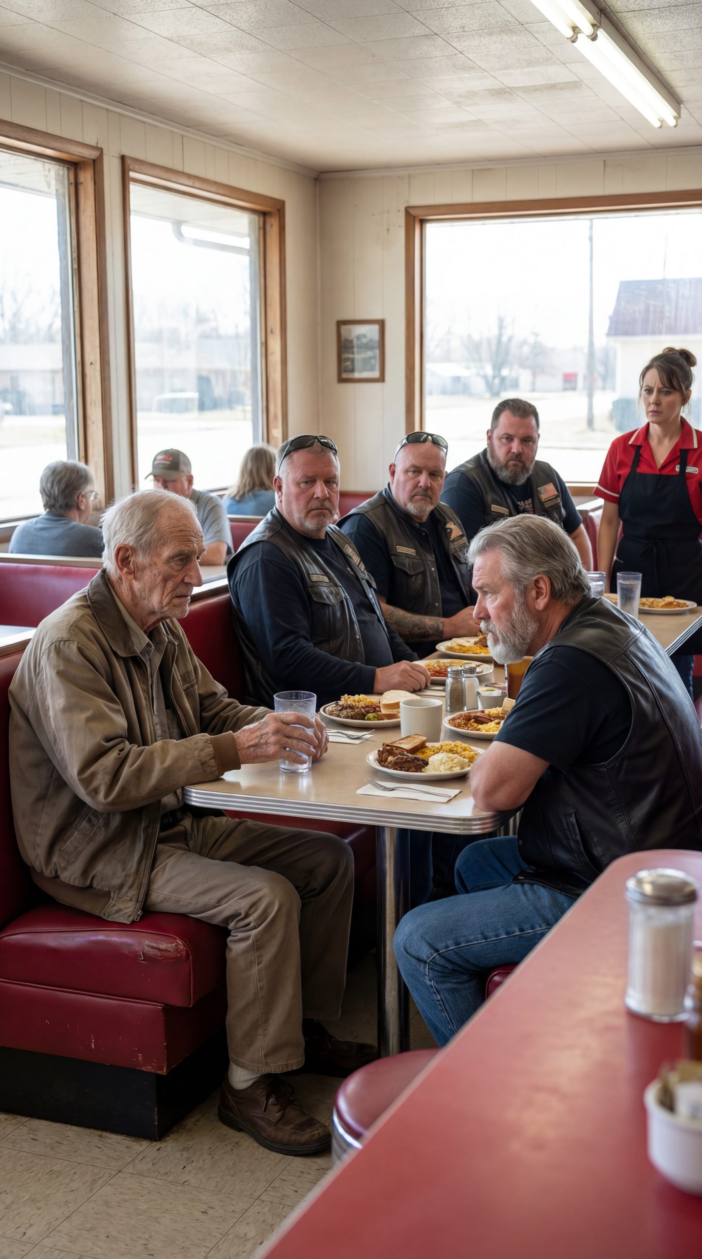 En 85-årig veteran sad alene på en lille bys diner med kun et glas vand og tvang sig selv til at bede en gruppe motorcyklister om bare én dollar – uvidende om, at deres svar ville afsløre en skjult sandhed i hans eget hjem og ændre hans sidste år for altid.
