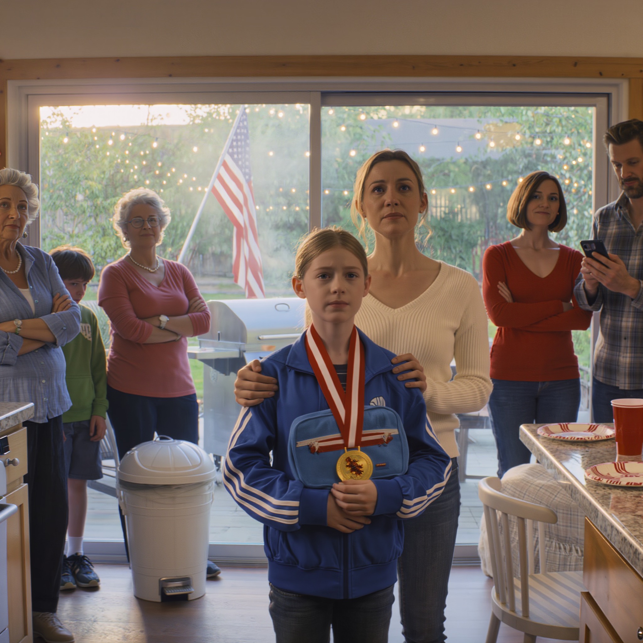 Ved en familiegrillfest smed min svigerinde alle min 12-åriges medaljer i køkkenaffaldet, fordi hun overstrålede sin kusine, og da min svigermor sagde: “Hun skal være ydmyg”, forblev min mand rolig og foretog derefter et telefonopkald.
