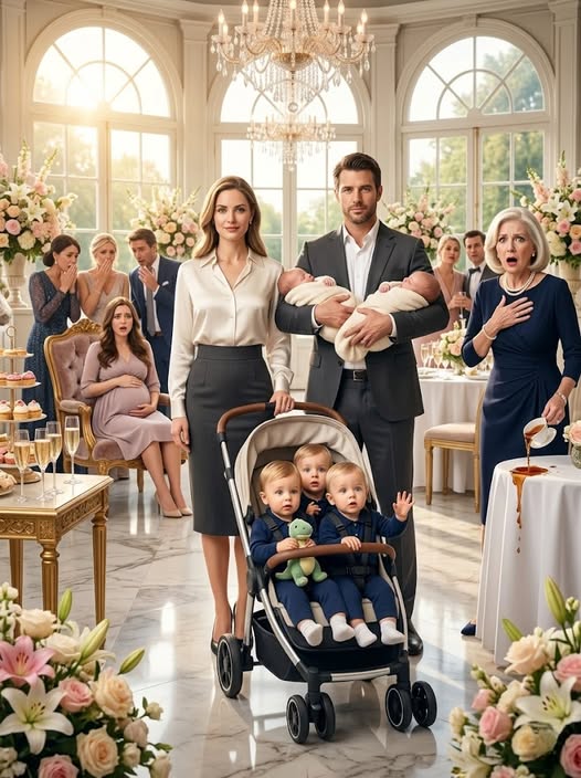 “Beskadigede varer,” sagde mor højt til min søsters babyshower. “For ødelagt til nogensinde at være mor.” Tredive par øjne vendte sig mod mig, fulde af medlidenhed. Jeg smilede blot og kiggede på mit ur. Det var da døren åbnede sig. Maria, min barnepige, kom ind – og guidede mine toårige trillinger. Bag hende stod min mand, Dr. Alexander Cross, chef for neurokirurgien, med vores nyfødte tvillinger i hånden. Mors tekop gled ud af hendes hånd, da min mand roligt annoncerede …