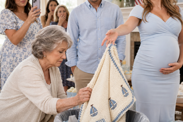 Til mit barnebarns babyshower smed min svigerdatter tæppet, som jeg havde strikket i fire måneder, i skraldespanden og smilede til kameraet. “Vi bruger kun designerting her,” sagde hun, mens min søn stod op ad væggen og ikke sagde noget. Om aftenen ringede han til mig i tårer og stillede et spørgsmål, der fik hele familien til at fryse: “Mor … hvad var der syet indeni det tæppe?”