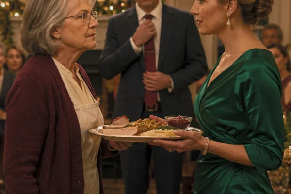 De prøvede at sende hende ovenpå med en julebakke. Hun lagde et avispapir på bordet og tog det hele med tilbage.